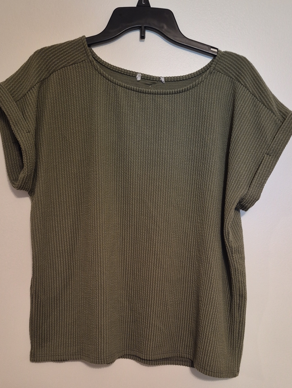 Womens Olive Green Short Sleeve Ribbed Knit Top SZ L